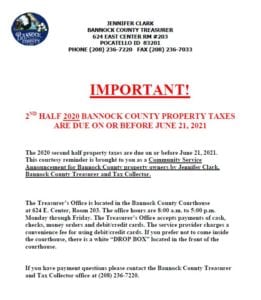 2nd Half 2020 Bannock County Property Taxes Are Due @ Bannock County Courthouse